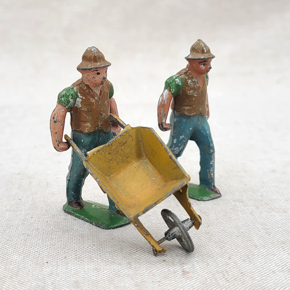 Lead Toy Figure Man Vest Pushing Yellow Wheelbarrow 2 1/4" x 2 1/2" France Extra